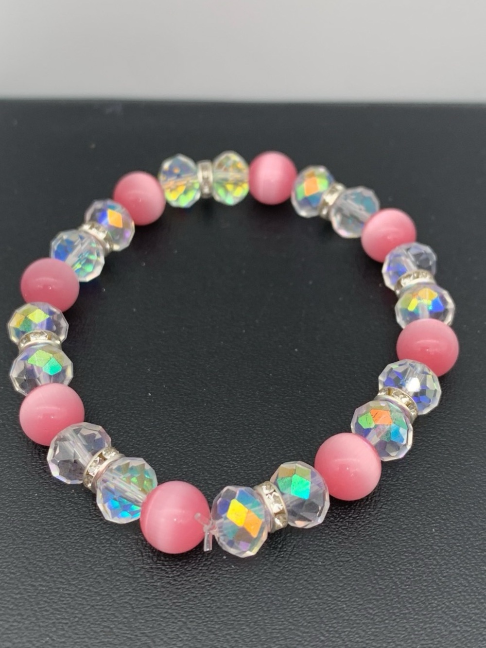Pink glass cats eye Beaded Stretch Bracelet with Iridescent Crystal Accents